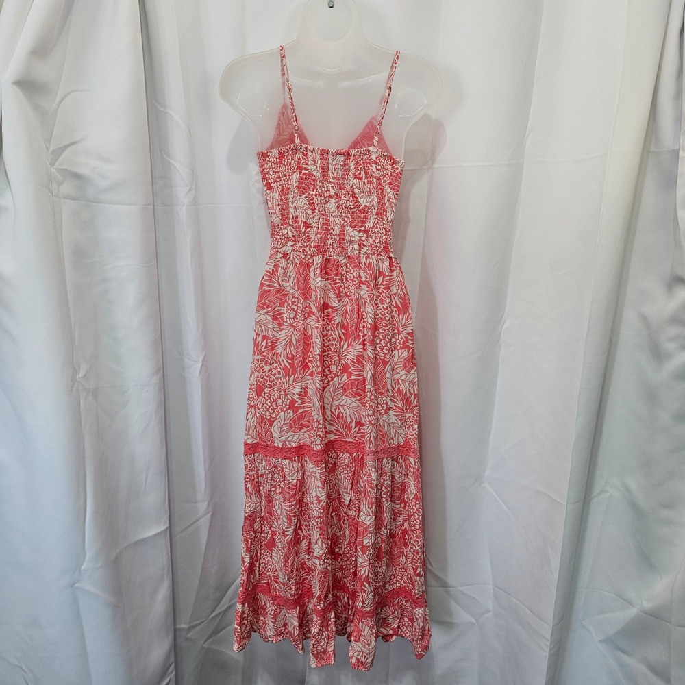ANGIE Floral Maxi Dress Coral White Twisted Front Tiered Sz S boho peasant READ - Picture 3 of 11